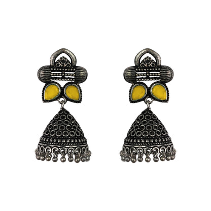 Yellow Stone Studded German Silver Earrings With Brass Jhumki