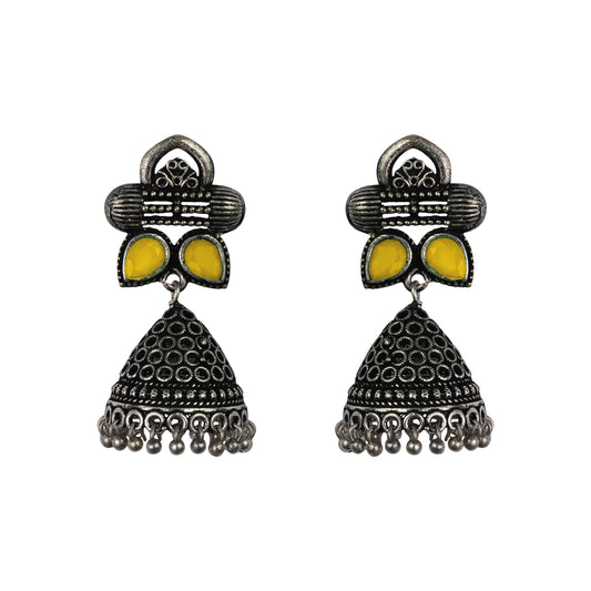 Yellow Stone Studded German Silver Earrings With Brass Jhumki