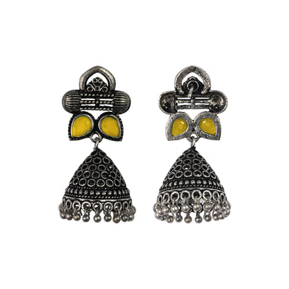 Yellow Stone Studded German Silver Earrings With Brass Jhumki