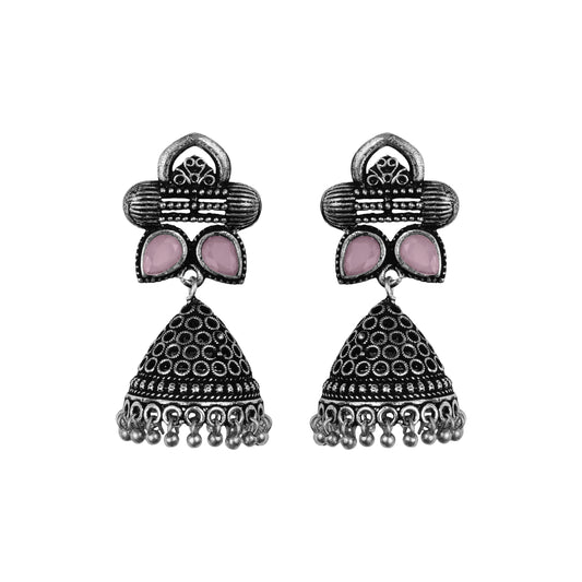 Baby Pink Stone Studded German Silver Earrings With Brass Jhumki