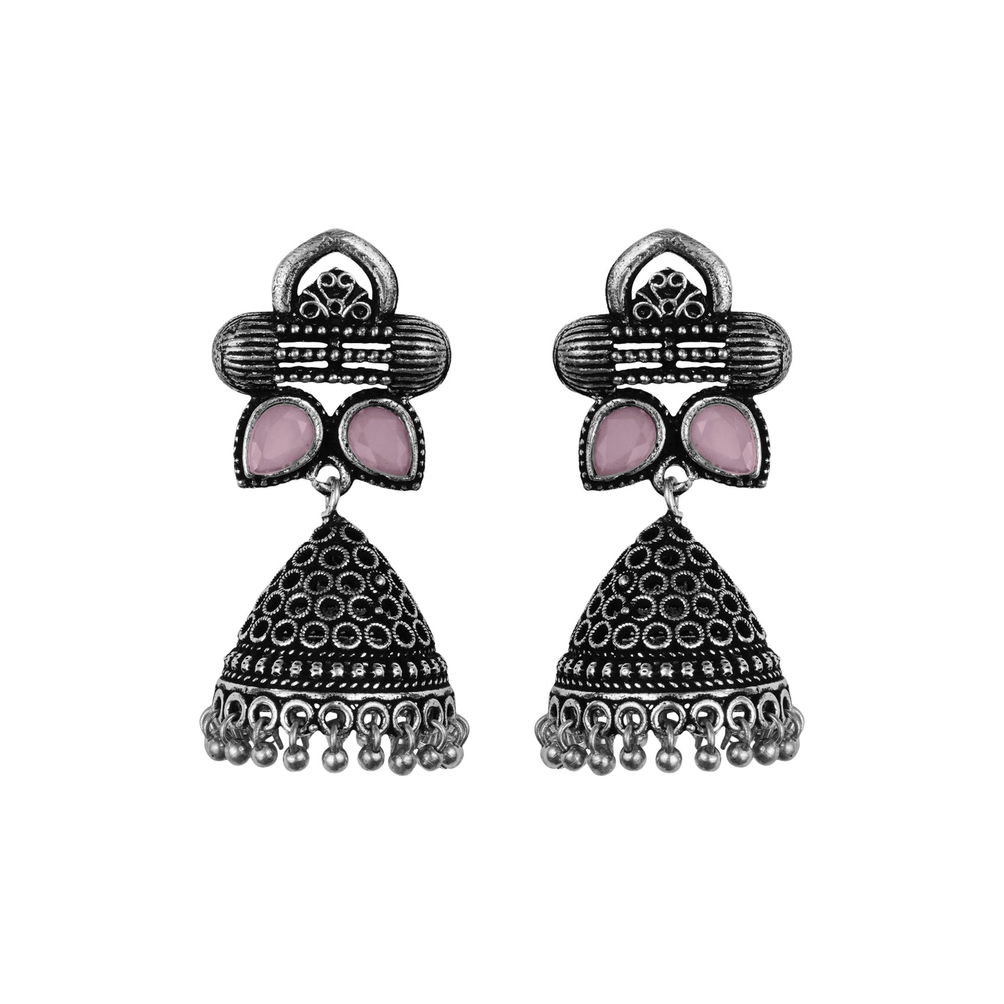 Baby Pink Stone Studded German Silver Earrings With Brass Jhumki