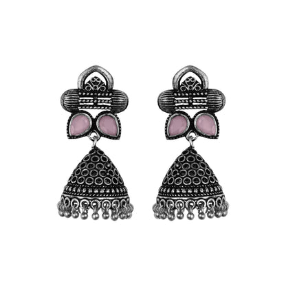 Baby Pink Stone Studded German Silver Earrings With Brass Jhumki