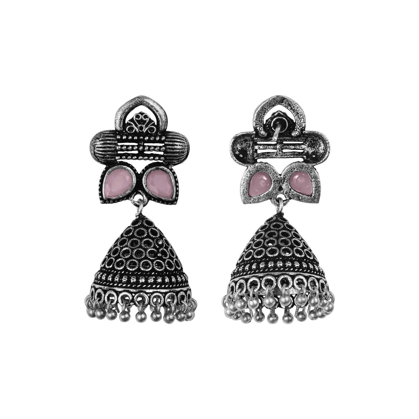 Baby Pink Stone Studded German Silver Earrings With Brass Jhumki