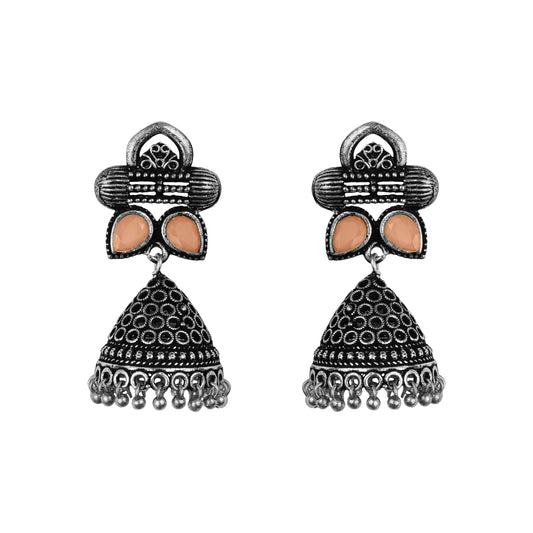 Light Orangish Stone Studded German Silver Earrings With Brass Jhumki