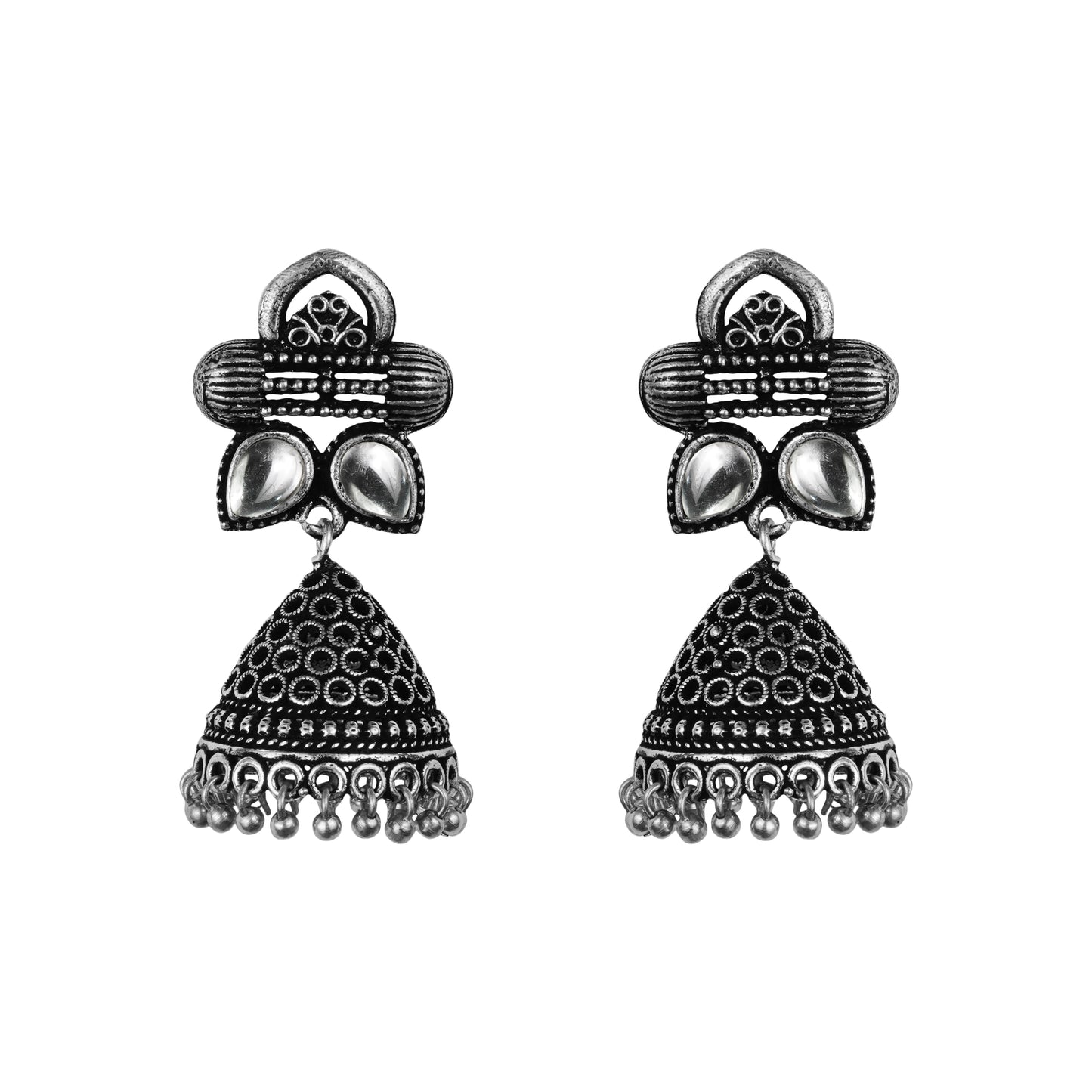 White Stone Studded German Silver Earrings With Brass Jhumki