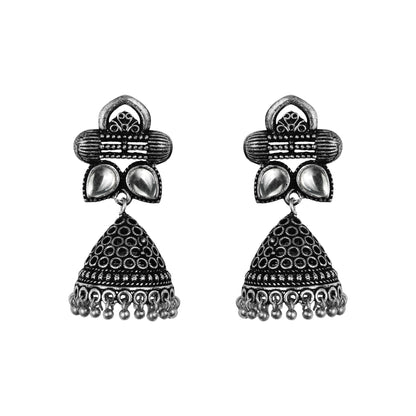 White Stone Studded German Silver Earrings With Brass Jhumki