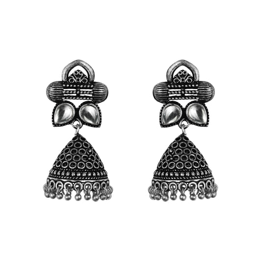 White Stone Studded German Silver Earrings With Brass Jhumki