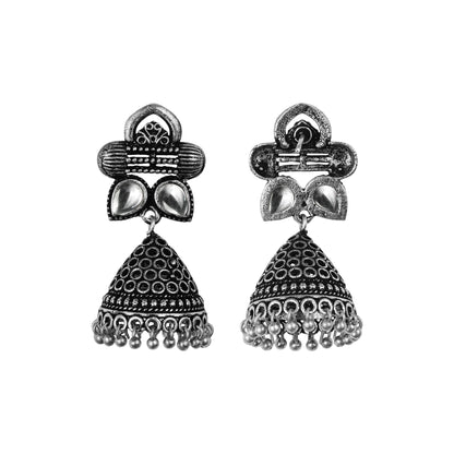 White Stone Studded German Silver Earrings With Brass Jhumki