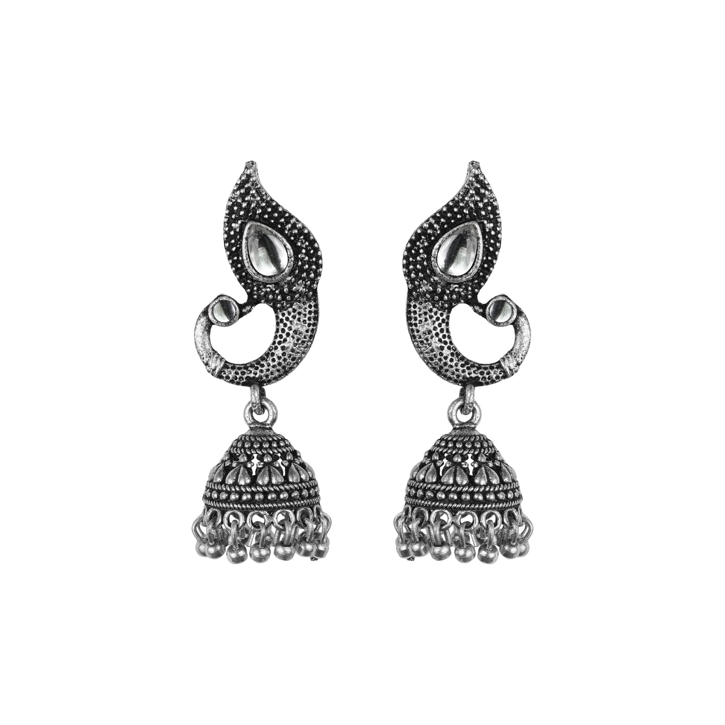 White Stone Studded Tiny Peacock Earrings With Hanging Jhumki