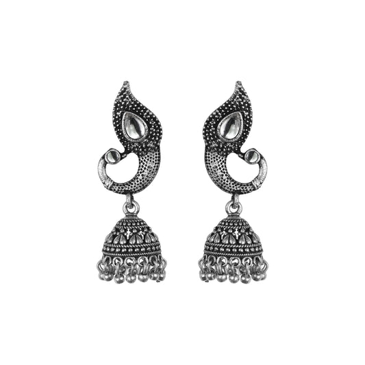 White Stone Studded Tiny Peacock Earrings With Hanging Jhumki