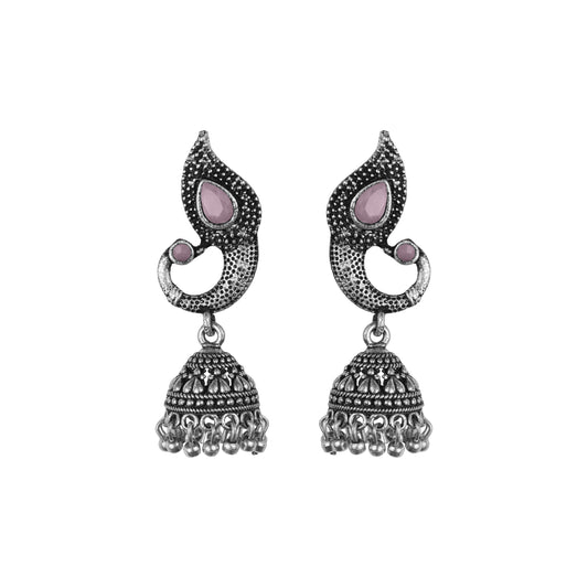 Baby Pink Stone Studded Tiny Peacock Earrings With Hanging Jhumki