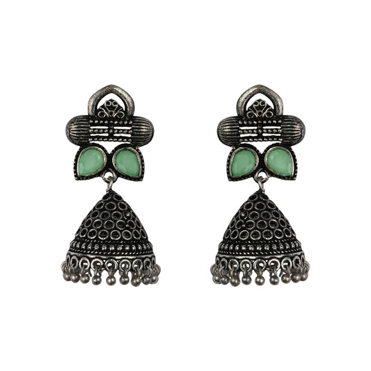 Pista Stone Studded German Silver Earrings With Brass Jhumki