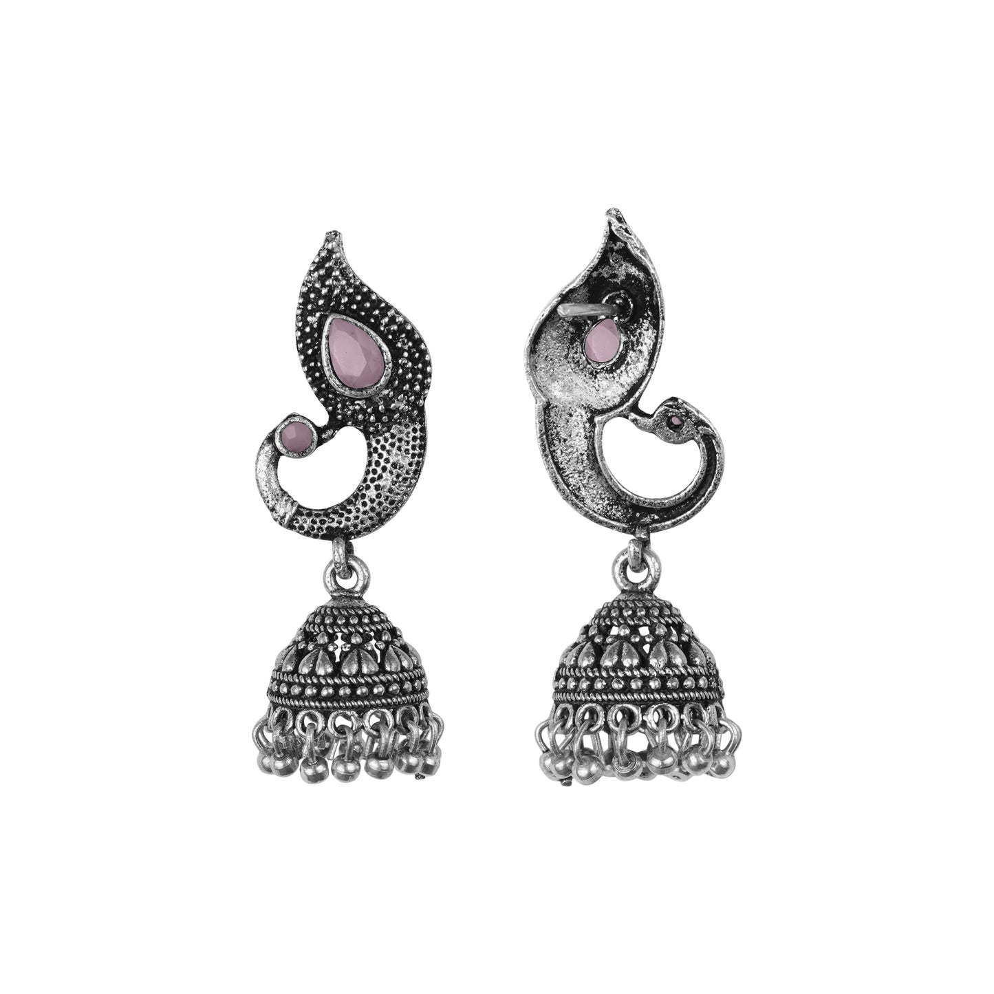 Baby Pink Stone Studded Tiny Peacock Earrings With Hanging Jhumki