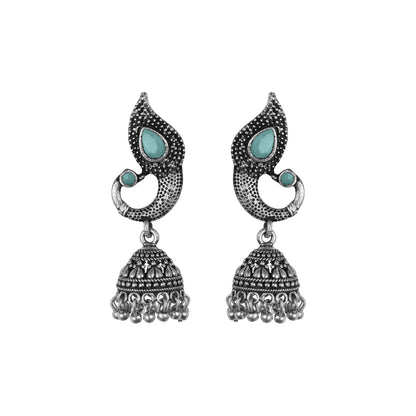 Mint Stone Studded Tiny Peacock Earrings With Hanging Jhumki