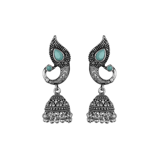 Mint Stone Studded Tiny Peacock Earrings With Hanging Jhumki