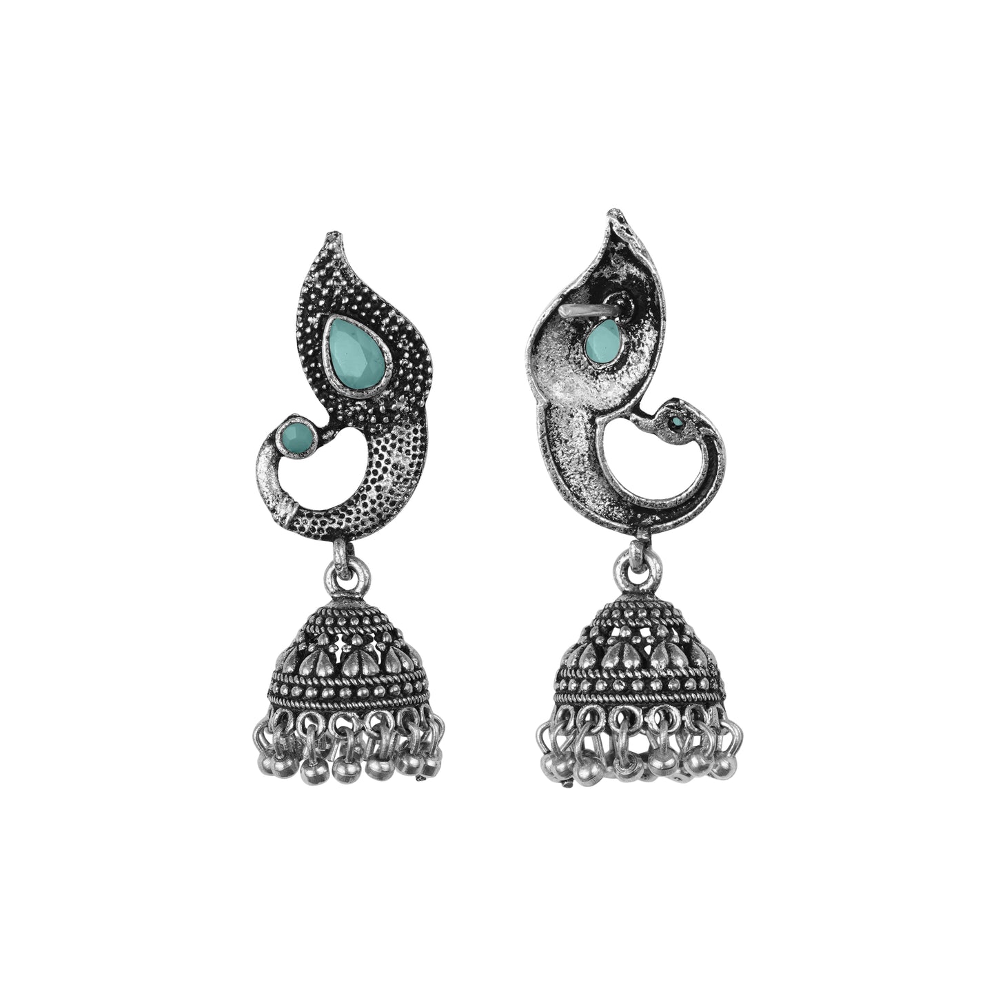 Mint Stone Studded Tiny Peacock Earrings With Hanging Jhumki