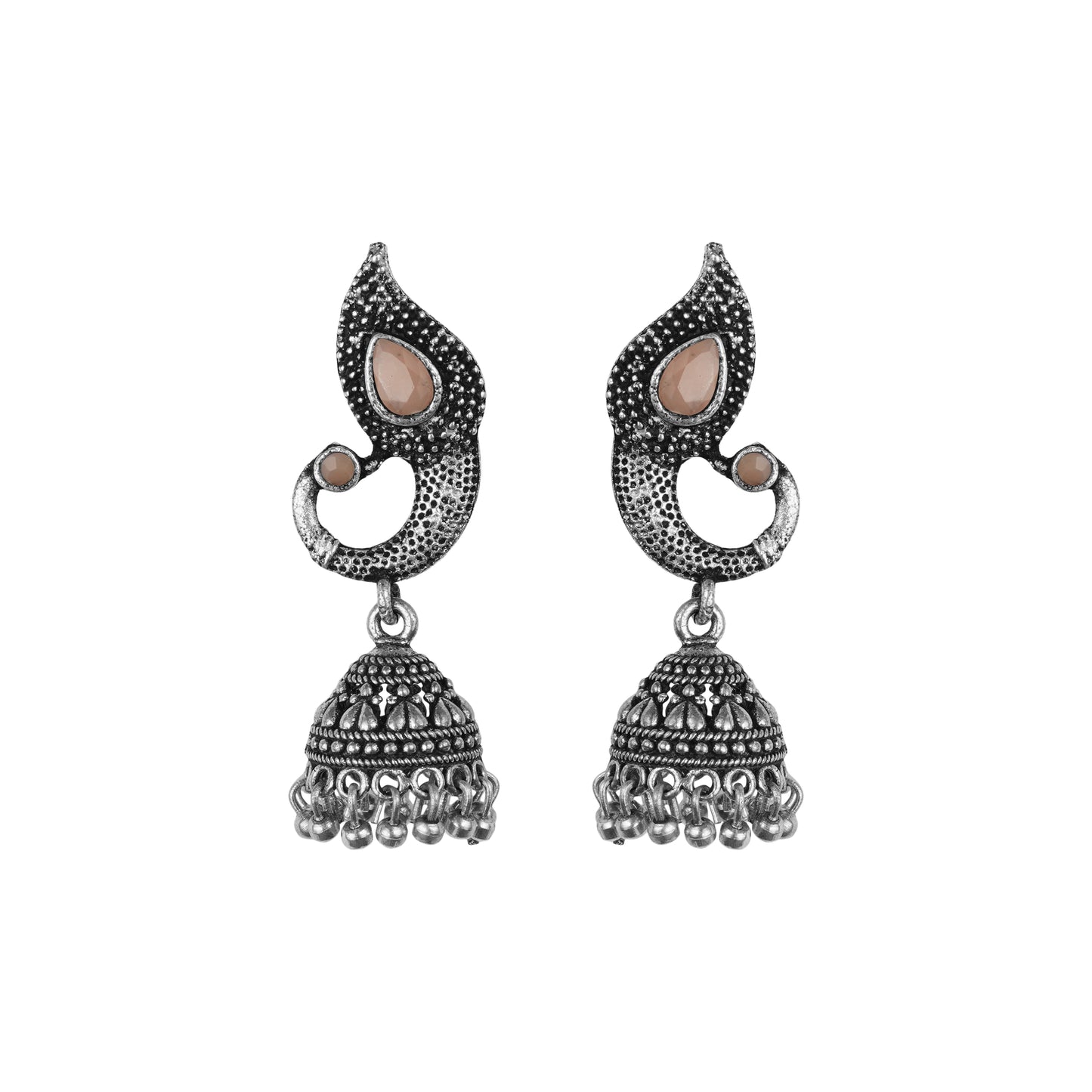 Light Orangish Stone Studded Tiny Peacock Earrings With Hanging Jhumki