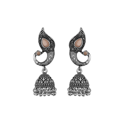 Light Orangish Stone Studded Tiny Peacock Earrings With Hanging Jhumki