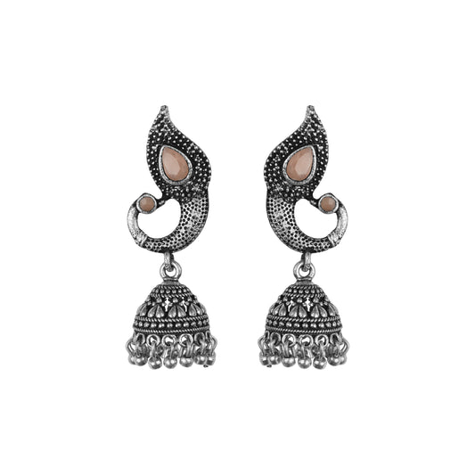 Light Orangish Stone Studded Tiny Peacock Earrings With Hanging Jhumki