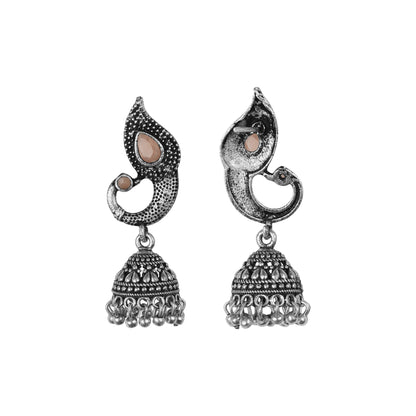 Light Orangish Stone Studded Tiny Peacock Earrings With Hanging Jhumki