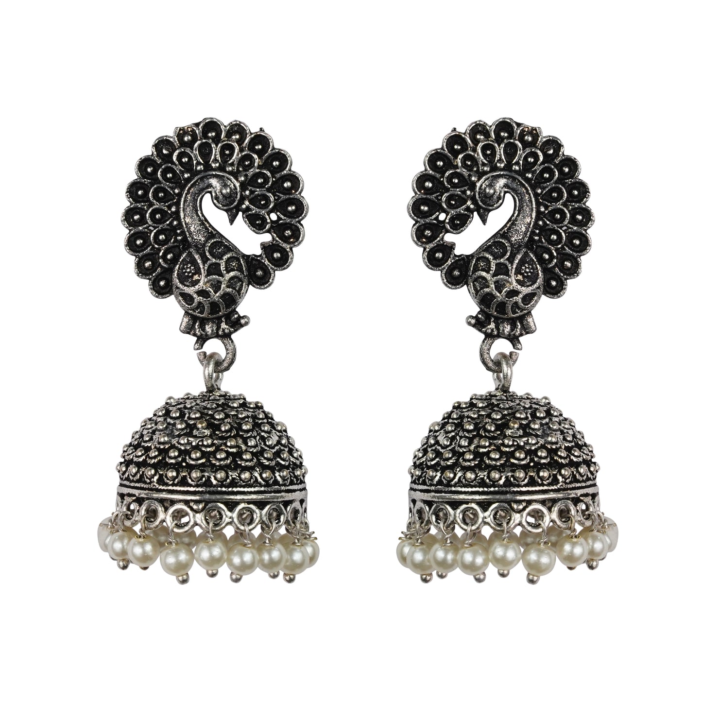 Peacock Shaped Oxidised Jhumka Earrings