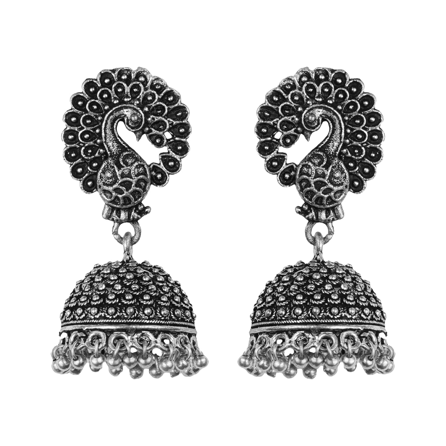 Peacock Shaped Oxidised Jhumka Earrings