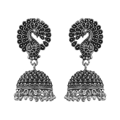 Peacock Shaped Oxidised Jhumka Earrings