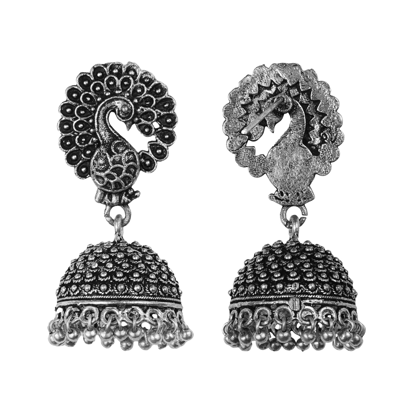 Peacock Shaped Oxidised Jhumka Earrings