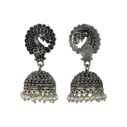 Peacock Shaped Oxidised Jhumka Earrings