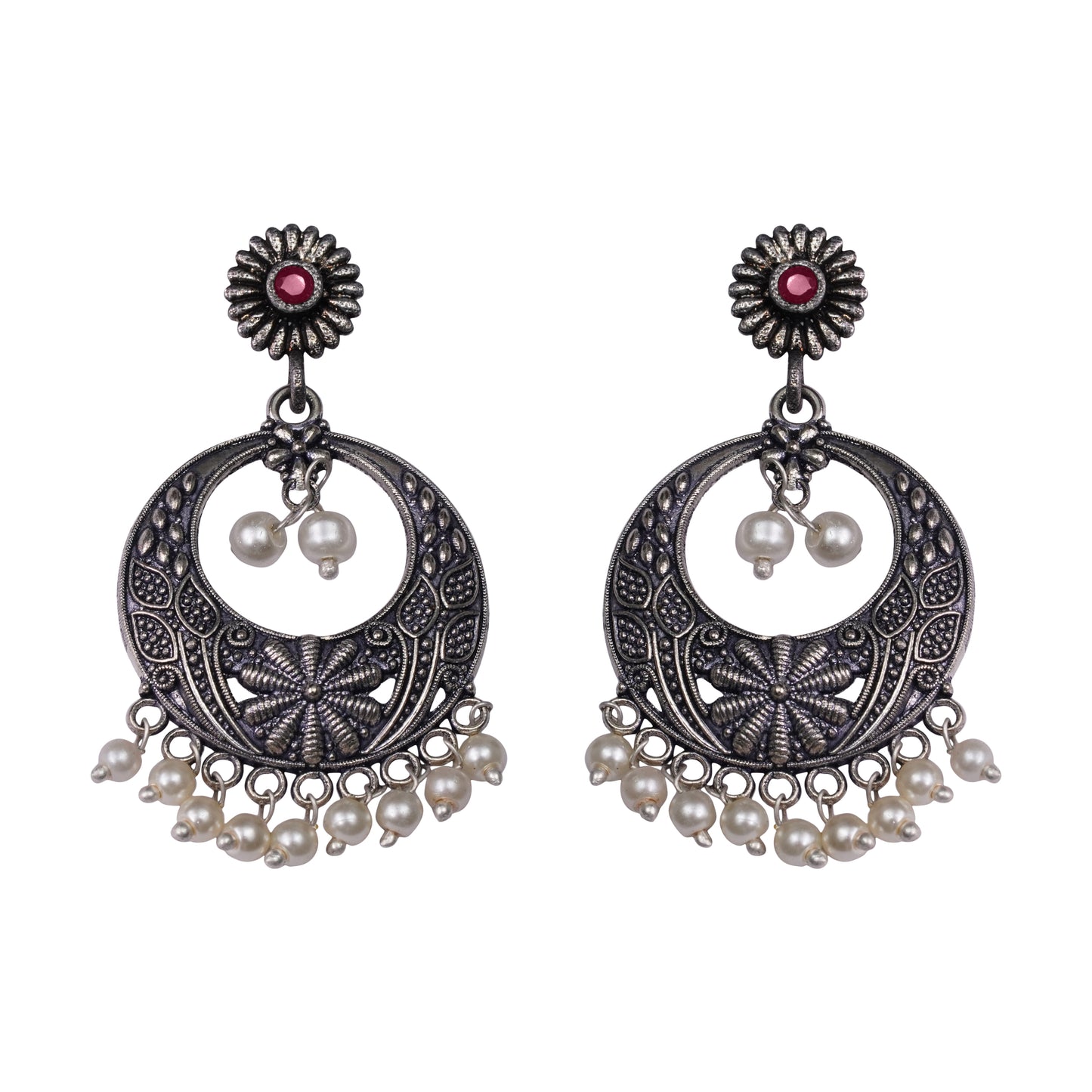 Red Stone Studded Beautiful Oxidised Earrings With Hanging Pearls