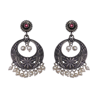 Red Stone Studded Beautiful Oxidised Earrings With Hanging Pearls