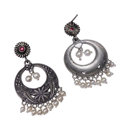 Red Stone Studded Beautiful Oxidised Earrings With Hanging Pearls