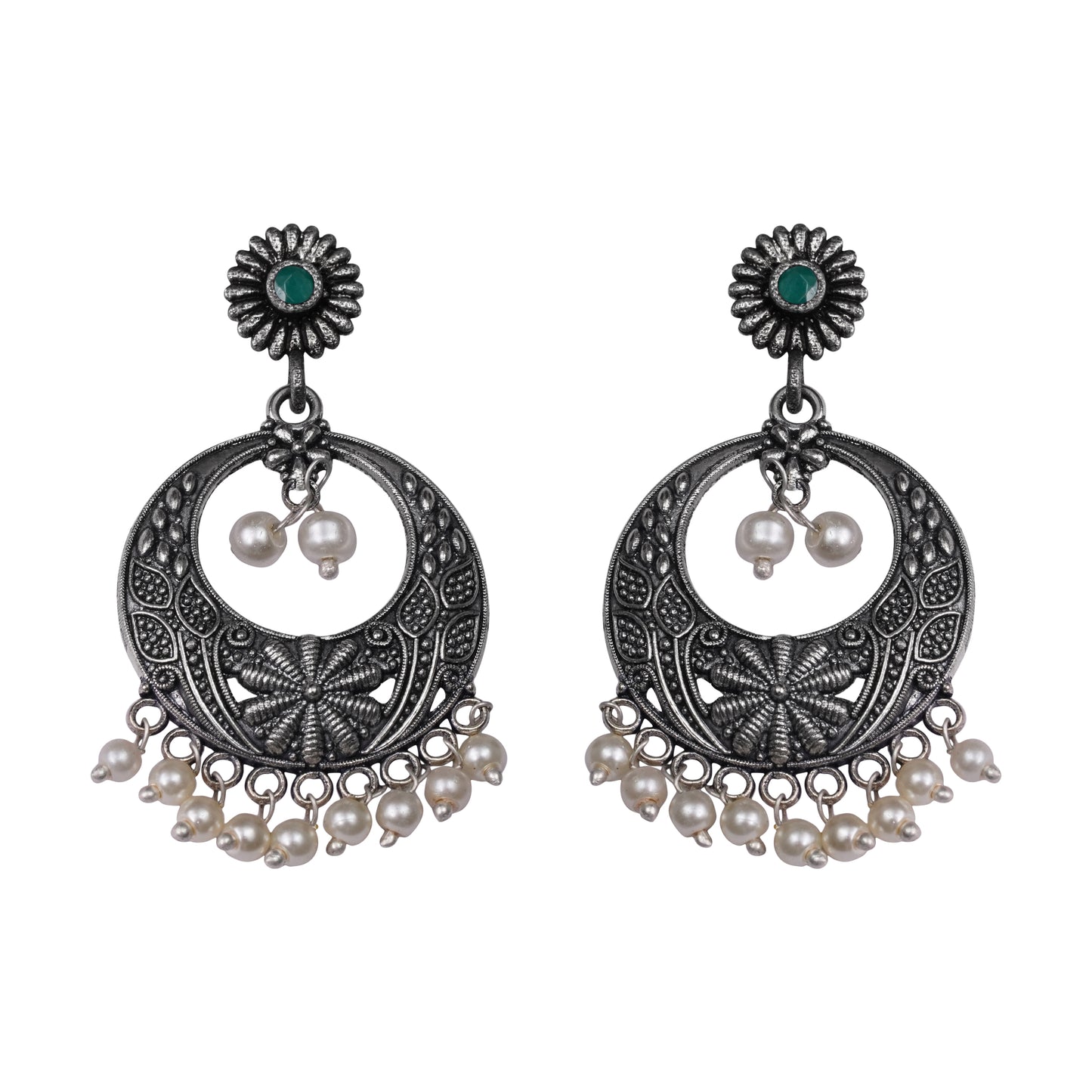 Green Stone Studded Beautiful Oxidised Earrings With Hanging Pearls