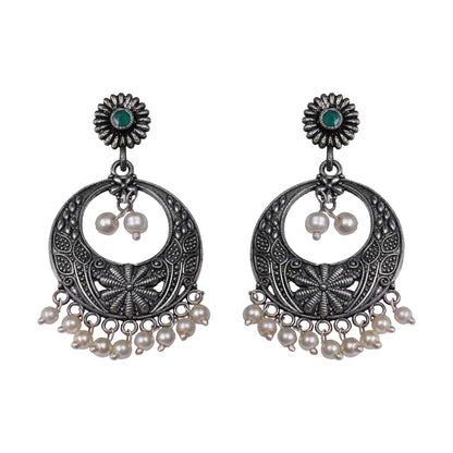 Green Stone Studded Beautiful Oxidised Earrings With Hanging Pearls