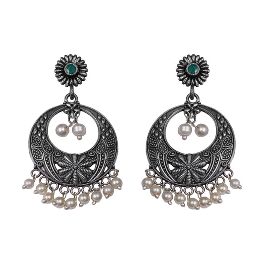 Green Stone Studded Beautiful Oxidised Earrings With Hanging Pearls