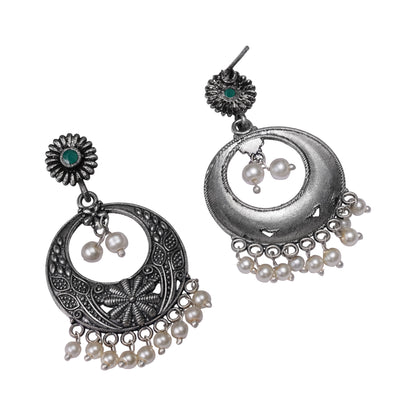 Green Stone Studded Beautiful Oxidised Earrings With Hanging Pearls