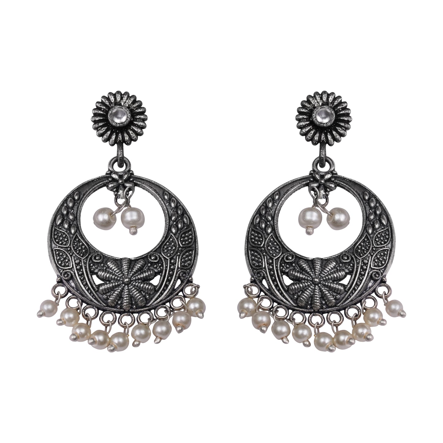 White Stone Studded Beautiful Oxidised Earrings With Hanging Pearls