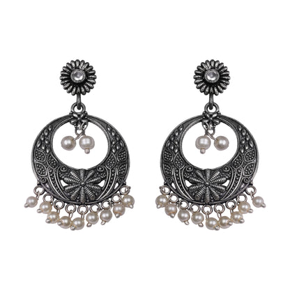 White Stone Studded Beautiful Oxidised Earrings With Hanging Pearls