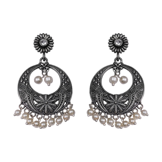 White Stone Studded Beautiful Oxidised Earrings With Hanging Pearls