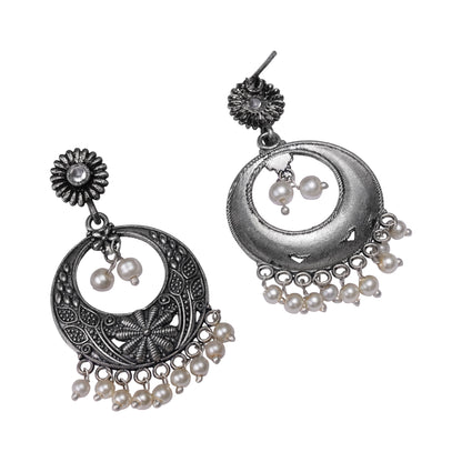 White Stone Studded Beautiful Oxidised Earrings With Hanging Pearls