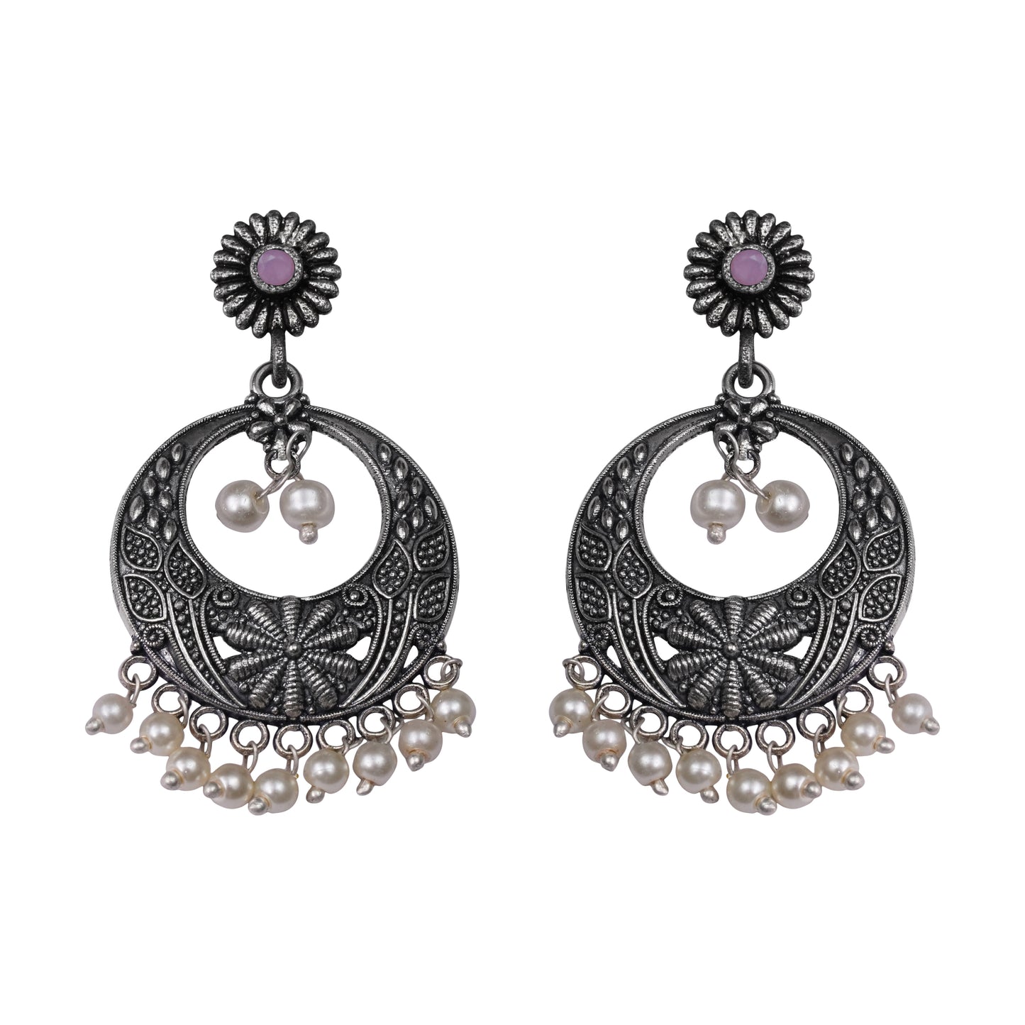 Baby Pink Stone Studded Beautiful Oxidised Earrings With Hanging Pearls