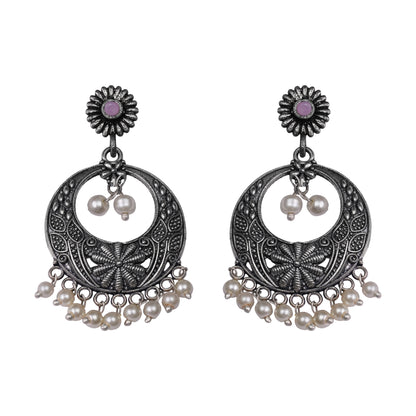 Baby Pink Stone Studded Beautiful Oxidised Earrings With Hanging Pearls