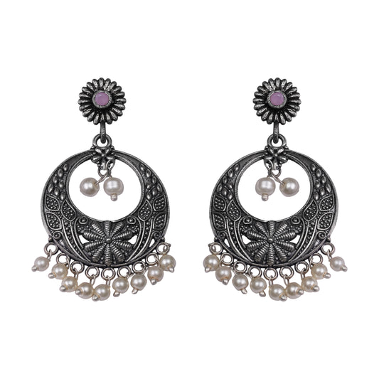 Baby Pink Stone Studded Beautiful Oxidised Earrings With Hanging Pearls