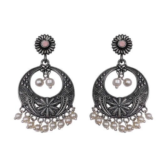 Light Orangish Stone Studded Beautiful Oxidised Earrings With Hanging Pearls