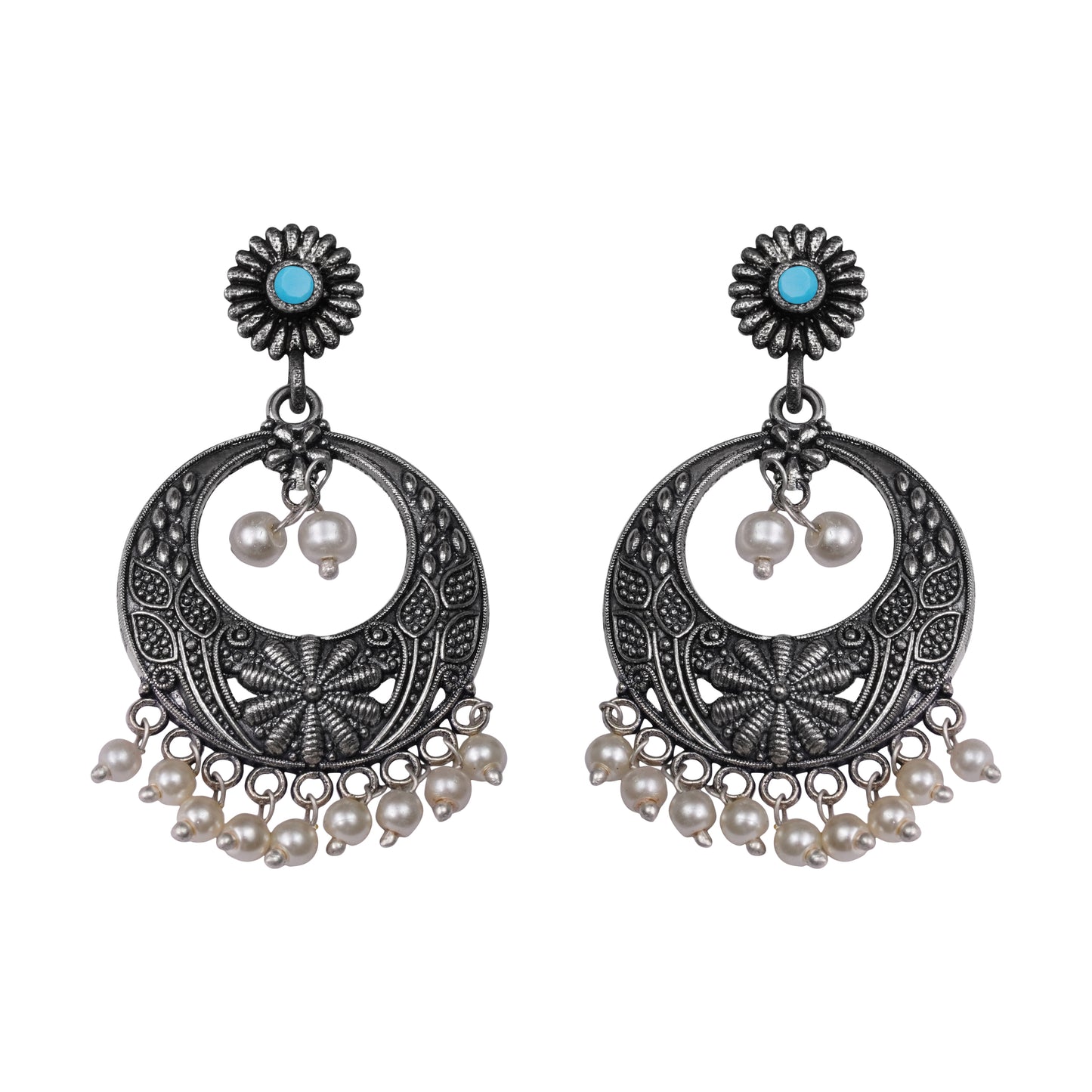 Sky Blue Stone Studded Beautiful Oxidised Earrings With Hanging Pearls