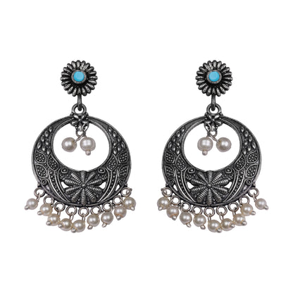 Sky Blue Stone Studded Beautiful Oxidised Earrings With Hanging Pearls