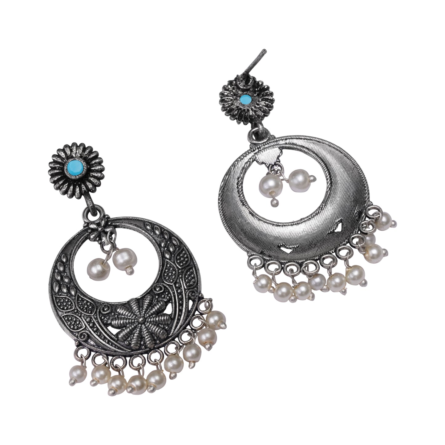 Sky Blue Stone Studded Beautiful Oxidised Earrings With Hanging Pearls