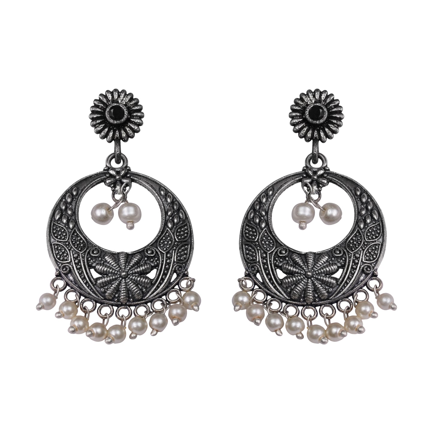 Black Stone Studded Beautiful Oxidised Earrings With Hanging Pearls