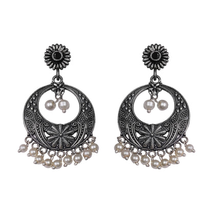 Black Stone Studded Beautiful Oxidised Earrings With Hanging Pearls