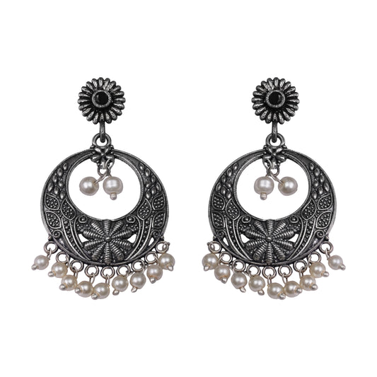 Black Stone Studded Beautiful Oxidised Earrings With Hanging Pearls